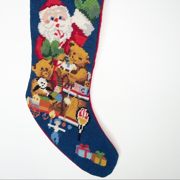 Vintage Christmas Stocking Santa Wool Needlepoint Cotton Backing - Picture 6 of 13